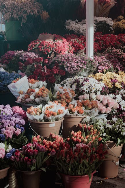 A vibrant display of various flowering plants and cut flowers arranged in large beige and terracotta pots and containers. The flowers include pink and peach tulips, clusters of small pink, purple, and
