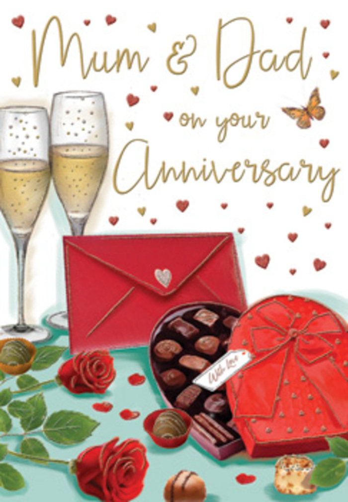Luxurious and heartfelt, this illustrated anniversary card presents a still-life scene that feels as intimate as a quiet evening at home in Carshalton. Dominating the centre are two slim champagne flutes, almost touching, the stems slender and refined, the bowls filled with effervescent golden champagne. The bubbles are delicately drawn, catching the light in a way that suggests celebration and a long-awaited toast. Beside them, two deep red roses rest on the tabletop, their petals layered like soft velvet, unfurling in generous spirals. Lush green leaves add depth, as if they've just been selected from a bouquet arranged a few moments earlier at Carshalton Flowers. In front of this central pairing lies an open heart-shaped box of chocolates. The chocolates themselves are varied in shape and texture-some smooth and round, others slightly ridged-nestled in dark paper cups that accentuate their richness. The lid of the box is wrapped in a wide, glossy red ribbon tied into a showy bow that arcs elegantly across the design. A bright red envelope, sealed and slightly angled, waits nearby, hinting at an affectionate note for Mum and Dad's anniversary, perhaps written before a quiet dinner at a home near Oaks Park. Tiny golden and crimson hearts float across the soft background, echoing the warm tones in the champagne and the roses, while gentle shading around the objects suggests the cosy glow of evening light. The whole composition conveys enduring romance, indulgent sweetness, and the comfort of celebrating love that has matured over the years.