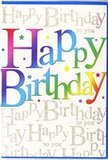 This image shows a joyful birthday card whose front design overflows with colour and cheer, like a festive afternoon gathering in a Carshalton back garden. The main message, Happy Birthday, stretches boldly across the card in large capital letters, each one cloaked in a different, richly saturated hue. A deep red might sit next to a vibrant magenta, then slide into tangerine, lemon yellow, bright grassy green, aqua, ocean blue, and royal purple, creating a smooth rainbow effect that feels as playful as bunting fluttering above a birthday table. Soft shading within each letter adds a subtle three-dimensional look, as though the words are gently lifting off the surface. Behind this jubilant text, the background is densely patterned with elegant golden script, repeating Happy Birthday to you in fine, looping lines that mimic the flow of careful handwriting. The gold ink has a delicate shimmer, catching the light in the same understated way reflections dance on the water by Carshalton Ponds. Scattered between the script are tiny dots and star-like flecks of colour, suggesting sprinkles or confetti that have settled across the design. The card stock appears smooth and slightly glossy, hinting at a high-quality finish that feels pleasing to touch. This combination of bold rainbow lettering, twinkling gold details, and subtle confetti accents gives the card a joyful yet refined character-exactly the kind of greeting you might pair with a bright, hand-tied bouquet for a birthday surprise delivered to a friend or family member in Carshalton.