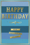 An elegantly composed birthday card in blue and gold is shown as though it has just been placed beside a fresh bouquet in a Carshalton living room, perhaps after a delivery from a local florist. The background features broad horizontal stripes that move steadily from a deep, almost midnight navy at the top, down through denim, teal, and lighter sky blues toward the base. These layered tones blend into one another gently, creating a calm, almost meditative atmosphere, like watching the evening sky slowly fade over Carshalton's tree-lined streets. At the heart of this cool, serene backdrop stands the central message: HAPPY BIRTHDAY, embossed in striking gold capital letters. The text is bold yet refined, with a metallic sheen that reflects the light in soft glints, offering a sense of celebration without overwhelming the soothing blues. Directly beneath the main greeting lies an intricate gold flourish, its looping lines reminiscent of vintage calligraphy and ornate invitations, adding a note of timeless elegance. Below that, three narrow gold banners are spaced evenly, each carrying a warm sentiment-Relax, have a great day and enjoy!-phrases that together feel like gentle encouragements for the birthday person to take time for themselves. A slim gold border runs around the edge of the card, framing the entire design and giving it a polished, finished feel. The overall effect is of quiet sophistication and thoughtful warmth, just the sort of card someone in Carshalton might choose to accompany a carefully selected birthday bouquet, offering both visual beauty and a moment of peaceful joy.