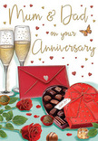 This richly detailed anniversary card illustration feels like a romantic table set for Mum and Dad after a peaceful day in Carshalton. At the centre, two tall champagne flutes are drawn with crystal clarity, their slim stems and rounded bowls catching soft, warm reflections. Inside, pale golden champagne sparkles with fine bubbles, poised mid-rise, as though the moment just before a toast has been captured on paper. Resting nearby, two velvety red roses with luxuriant petals are framed by glossy, dark green leaves, echoing the kind of fresh blooms a local florist might choose for an anniversary bouquet on Carshalton High Street. In the foreground, a heart-shaped box brimming with chocolates lies open, its interior lined with neat rows of truffles and pralines in rich browns and caramels. The lid is adorned with an opulent red bow, its satin ribbon full and gently looping, suggesting the pleasure of untying it together. A scarlet envelope sits close by, sealed and ready, hinting at a handwritten message of thanks, memories, and affection. Across the background drift scattered gold and crimson hearts, lightly sketched as if floating on a soft evening breeze. The colours-deep reds, glowing golds, and warm neutrals-blend to create a cosy, candlelit atmosphere, reminiscent of an intimate celebration at home after a stroll around Carshalton Ponds. The composition as a whole suggests a tender, enduring partnership marked by shared toasts, sweet treats, and the quiet certainty of being loved.